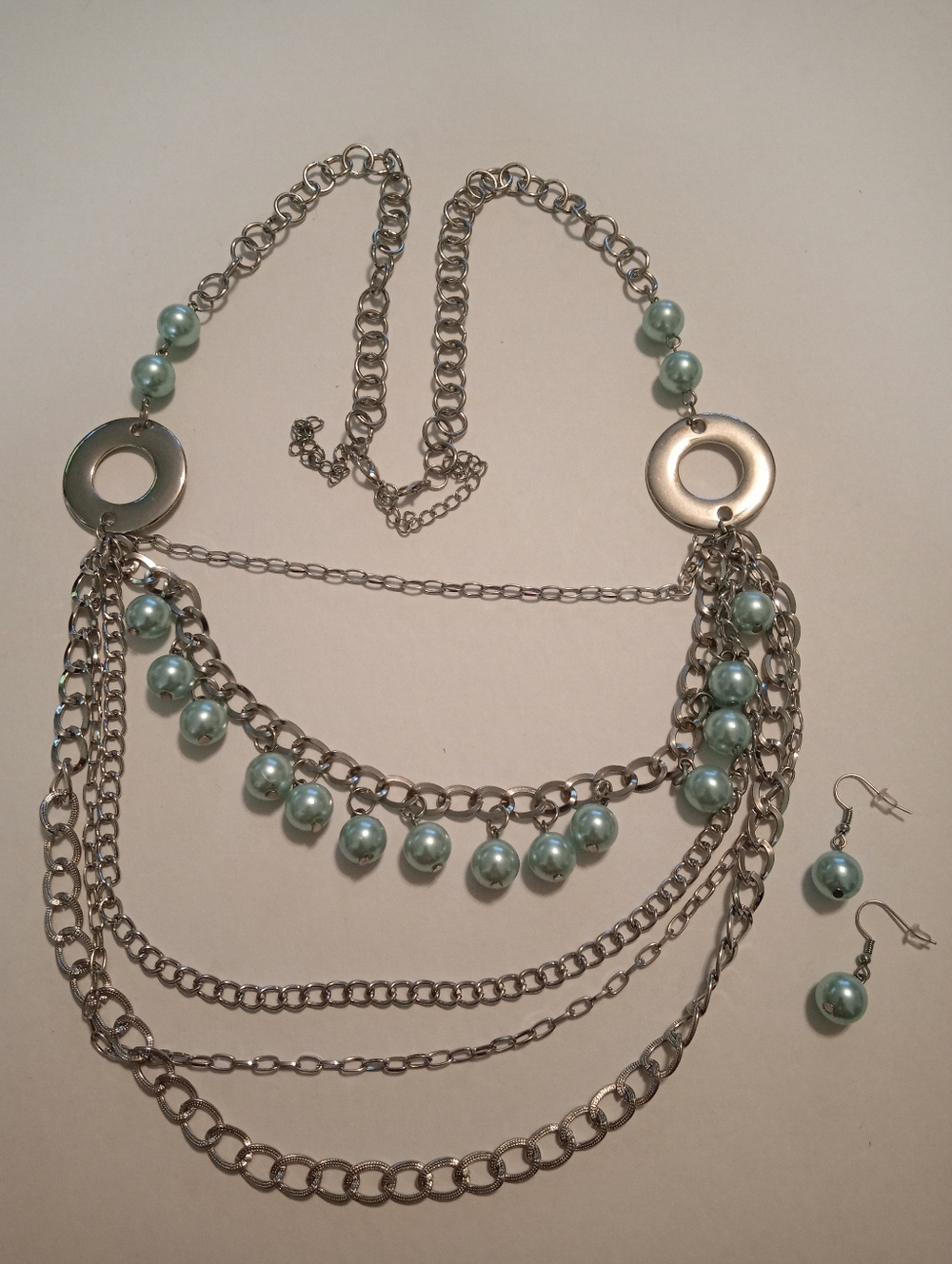 #1175.  Silver Toned Multi Layer Chain & Blue Pearl Necklace & Earring Set